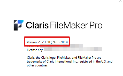 The About FileMaker Pro window with the FileMaker version number highlighted
