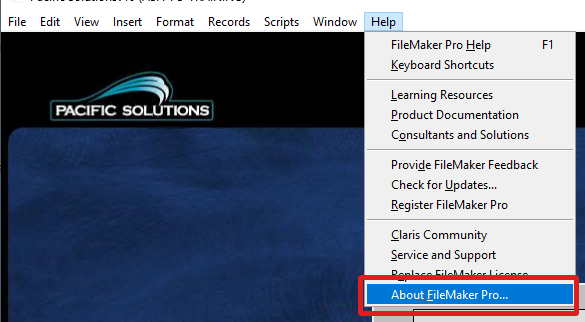 The Help menu with the About FileMaker Pro option highlighted